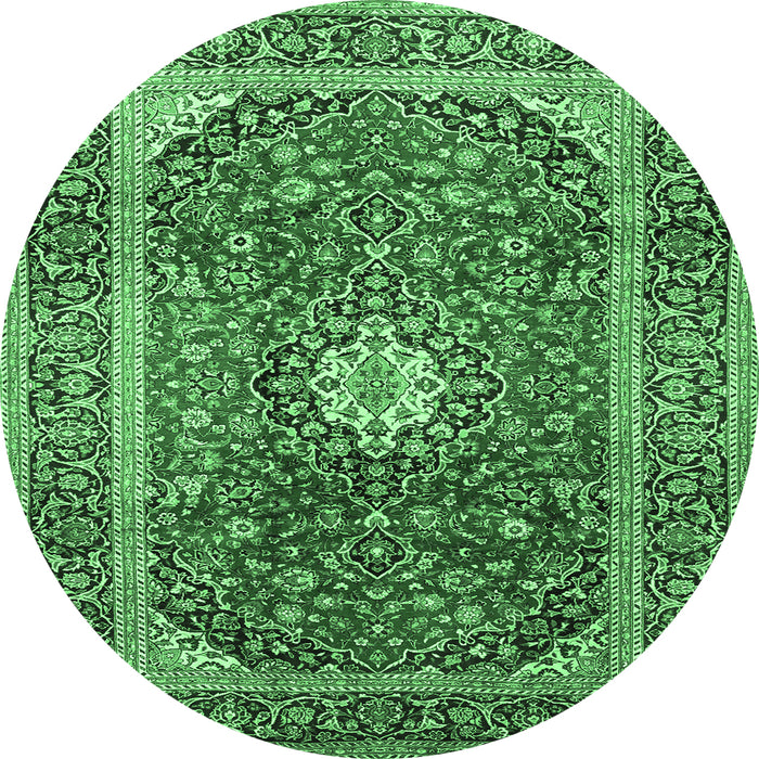 Round Machine Washable Medallion Emerald Green Traditional Area Rugs, wshtr2776emgrn