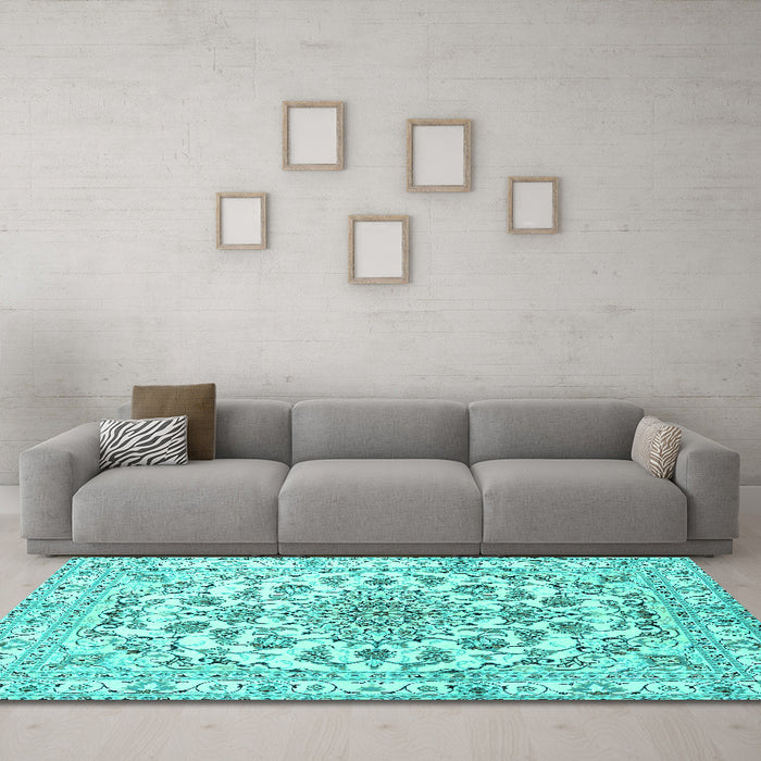 Machine Washable Persian Turquoise Traditional Area Rugs in a Living Room,, wshtr2777turq