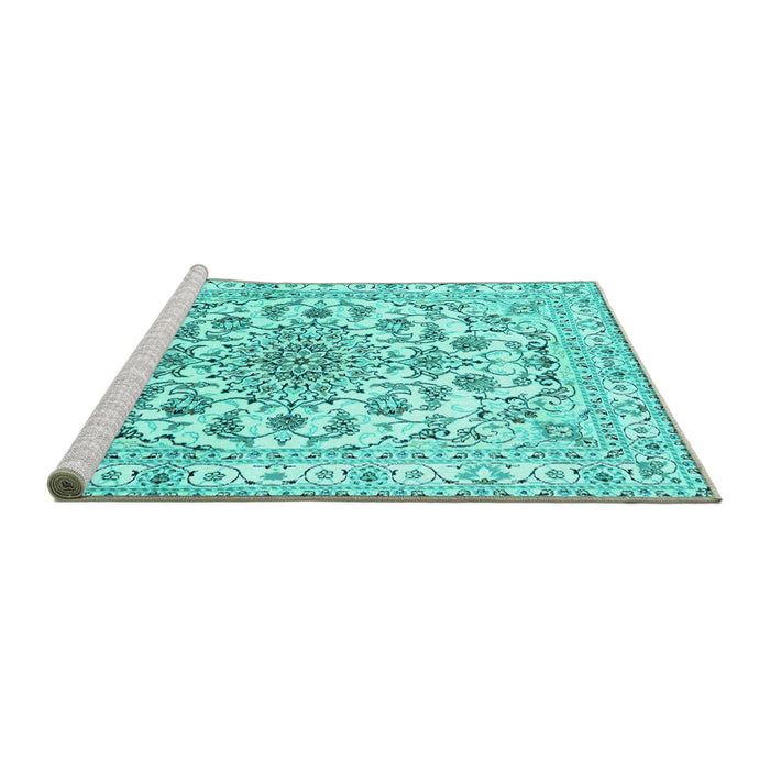 Sideview of Machine Washable Persian Turquoise Traditional Area Rugs, wshtr2777turq
