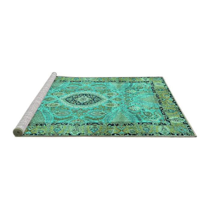 Sideview of Machine Washable Persian Turquoise Traditional Area Rugs, wshtr2778turq