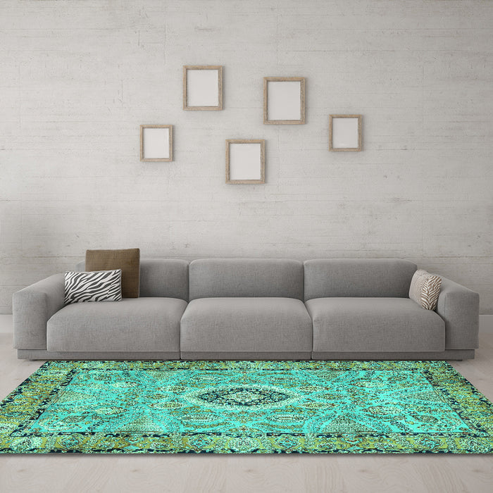Machine Washable Persian Turquoise Traditional Area Rugs in a Living Room,, wshtr2778turq