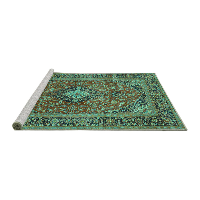Sideview of Machine Washable Persian Turquoise Traditional Area Rugs, wshtr2779turq
