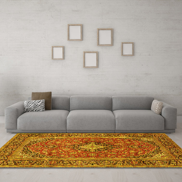 Machine Washable Persian Yellow Traditional Rug in a Living Room, wshtr2779yw