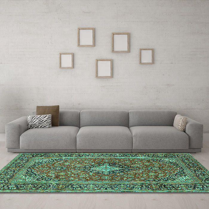 Machine Washable Persian Turquoise Traditional Area Rugs in a Living Room,, wshtr2779turq