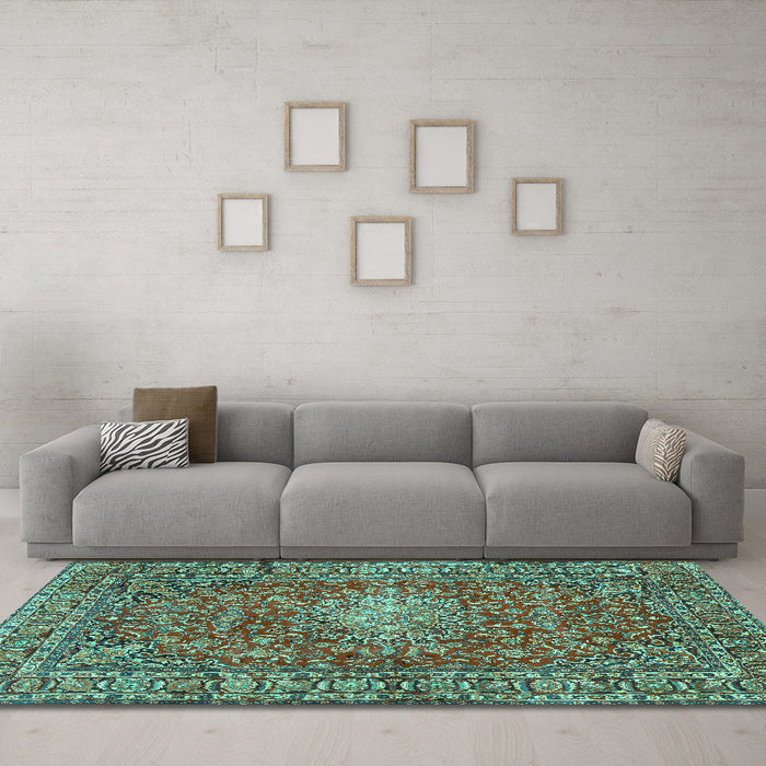 Machine Washable Persian Turquoise Traditional Area Rugs in a Living Room,, wshtr2780turq