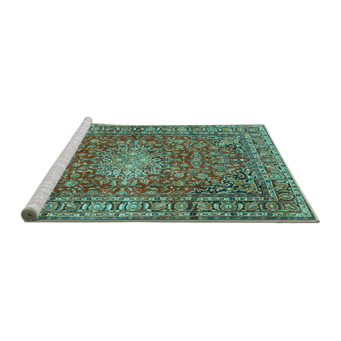 Sideview of Machine Washable Persian Turquoise Traditional Area Rugs, wshtr2780turq