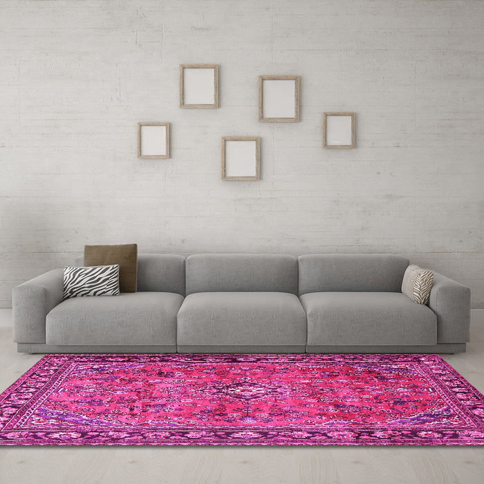 Machine Washable Persian Pink Traditional Rug in a Living Room, wshtr2781pnk