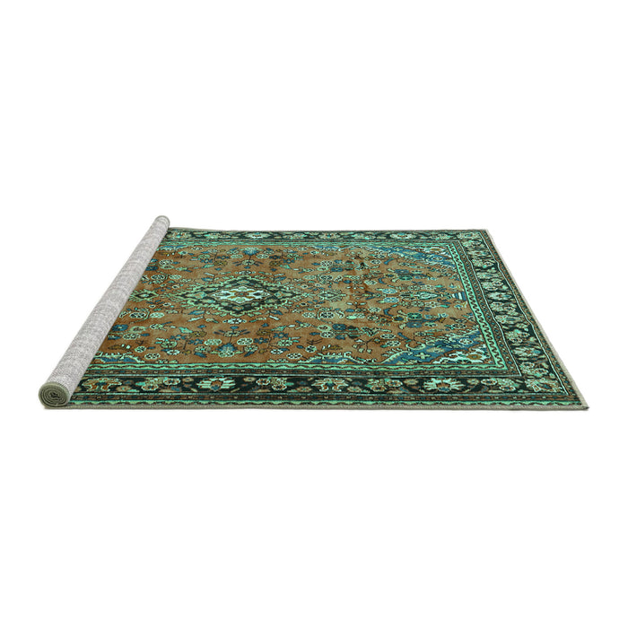 Sideview of Machine Washable Persian Turquoise Traditional Area Rugs, wshtr2781turq