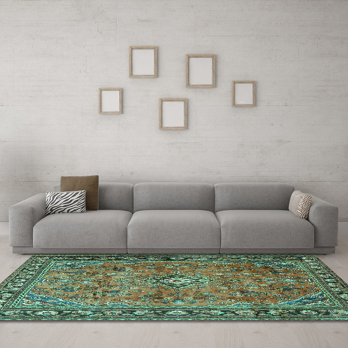 Machine Washable Persian Turquoise Traditional Area Rugs in a Living Room,, wshtr2781turq
