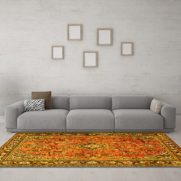 Machine Washable Persian Yellow Traditional Rug in a Living Room, wshtr2781yw