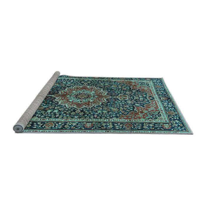 Sideview of Machine Washable Medallion Light Blue Traditional Rug, wshtr2782lblu