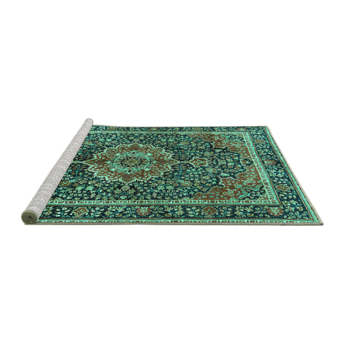 Sideview of Machine Washable Medallion Turquoise Traditional Area Rugs, wshtr2782turq