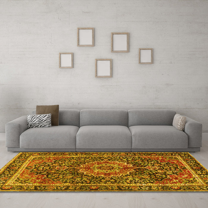 Machine Washable Medallion Yellow Traditional Rug in a Living Room, wshtr2782yw