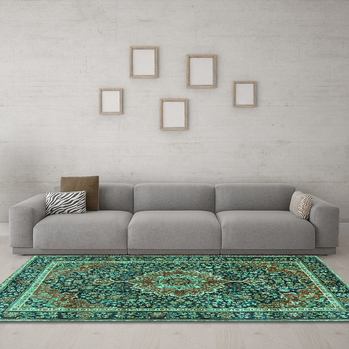 Machine Washable Medallion Turquoise Traditional Area Rugs in a Living Room,, wshtr2782turq