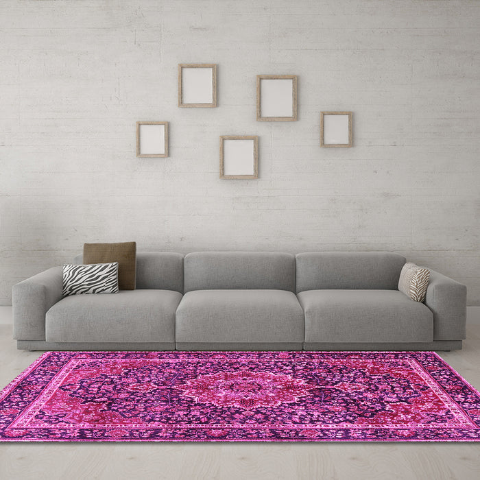 Machine Washable Medallion Pink Traditional Rug in a Living Room, wshtr2782pnk