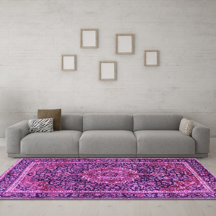 Machine Washable Medallion Purple Traditional Area Rugs in a Living Room, wshtr2782pur