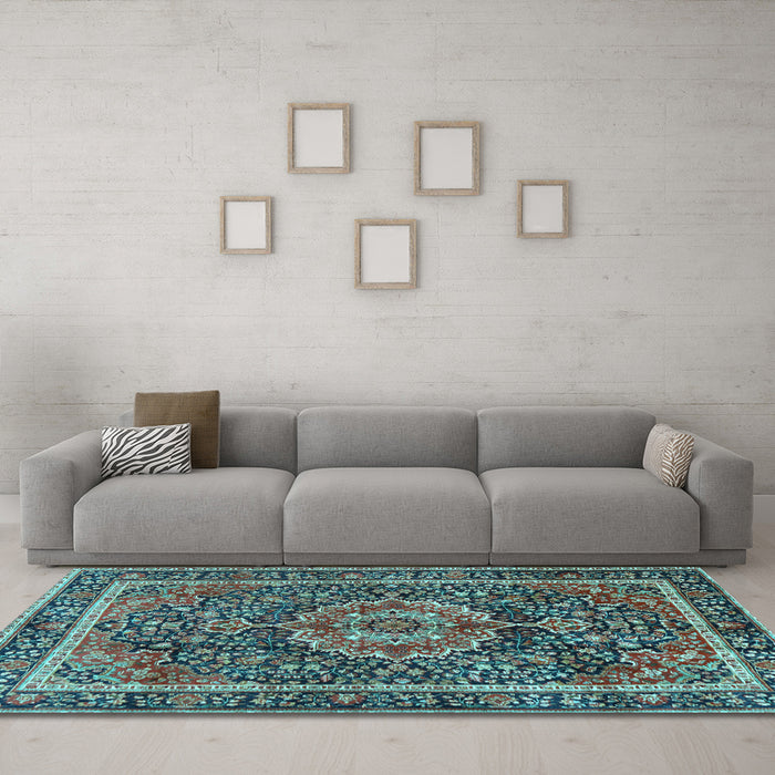 Machine Washable Medallion Light Blue Traditional Rug in a Living Room, wshtr2782lblu