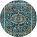 Round Machine Washable Medallion Light Blue Traditional Rug, wshtr2782lblu