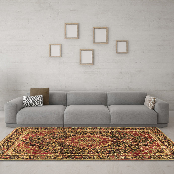 Machine Washable Medallion Brown Traditional Rug in a Living Room,, wshtr2782brn