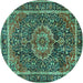 Round Machine Washable Medallion Turquoise Traditional Area Rugs, wshtr2782turq