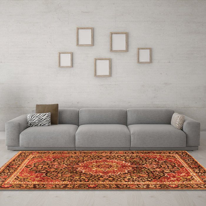 Machine Washable Medallion Orange Traditional Area Rugs in a Living Room, wshtr2782org