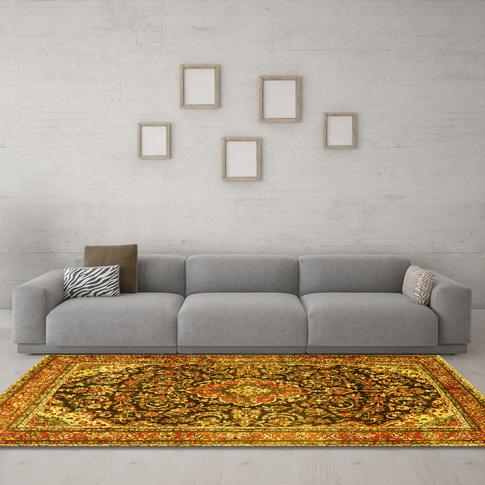 Machine Washable Medallion Yellow Traditional Rug in a Living Room, wshtr2783yw