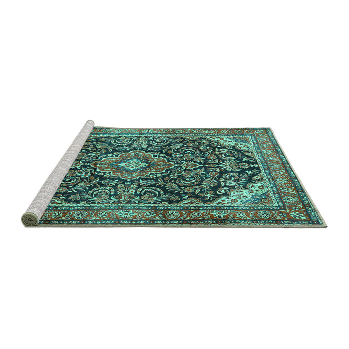 Sideview of Machine Washable Medallion Turquoise Traditional Area Rugs, wshtr2783turq