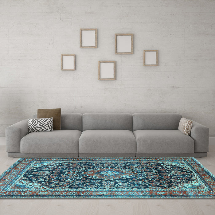 Machine Washable Medallion Light Blue Traditional Rug in a Living Room, wshtr2783lblu