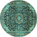 Round Machine Washable Medallion Turquoise Traditional Area Rugs, wshtr2783turq