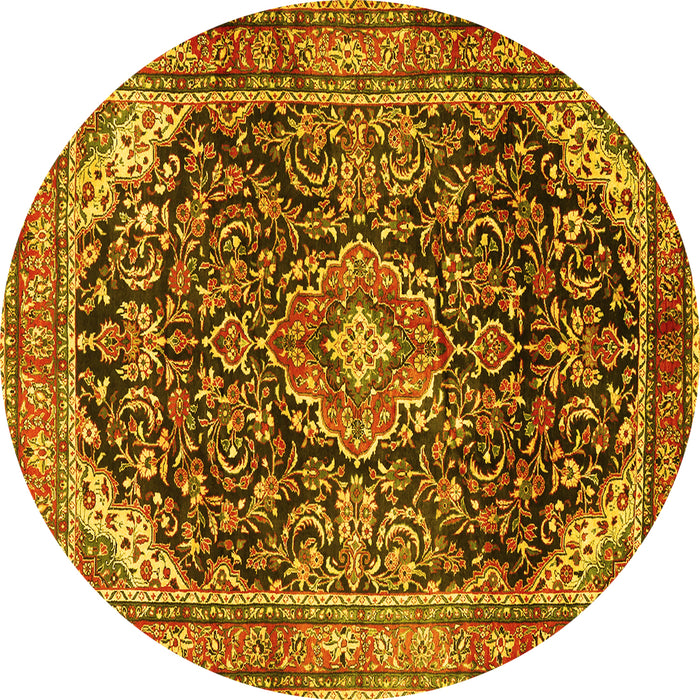 Round Machine Washable Medallion Yellow Traditional Rug, wshtr2783yw