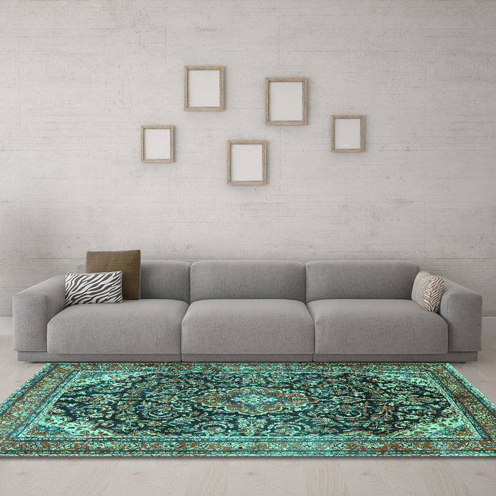 Machine Washable Medallion Turquoise Traditional Area Rugs in a Living Room,, wshtr2783turq