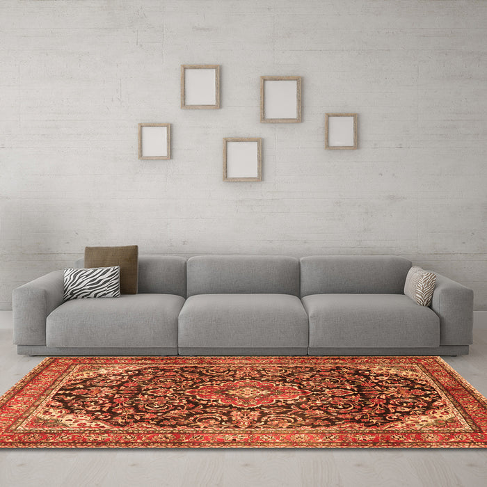 Machine Washable Medallion Orange Traditional Area Rugs in a Living Room, wshtr2783org