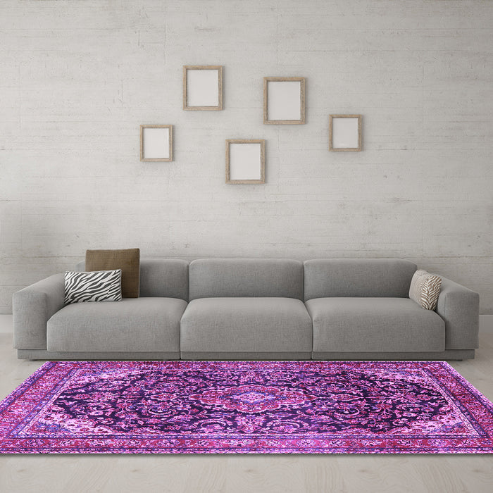 Machine Washable Medallion Purple Traditional Area Rugs in a Living Room, wshtr2783pur