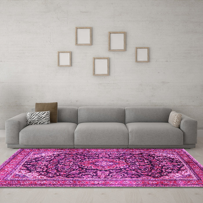 Machine Washable Medallion Pink Traditional Rug in a Living Room, wshtr2783pnk