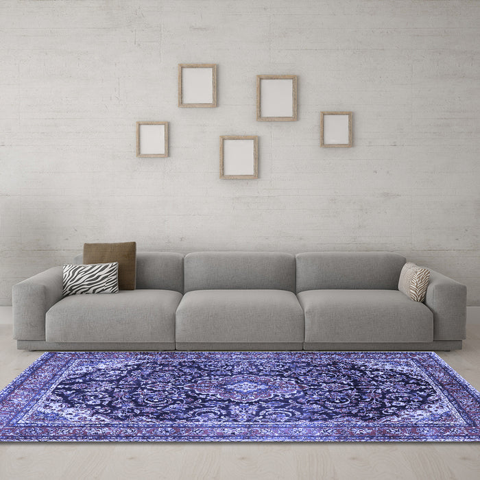 Machine Washable Medallion Blue Traditional Rug in a Living Room, wshtr2783blu
