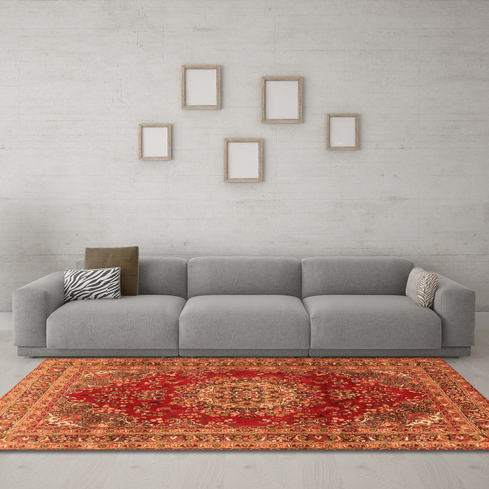 Machine Washable Medallion Orange Traditional Area Rugs in a Living Room, wshtr2784org