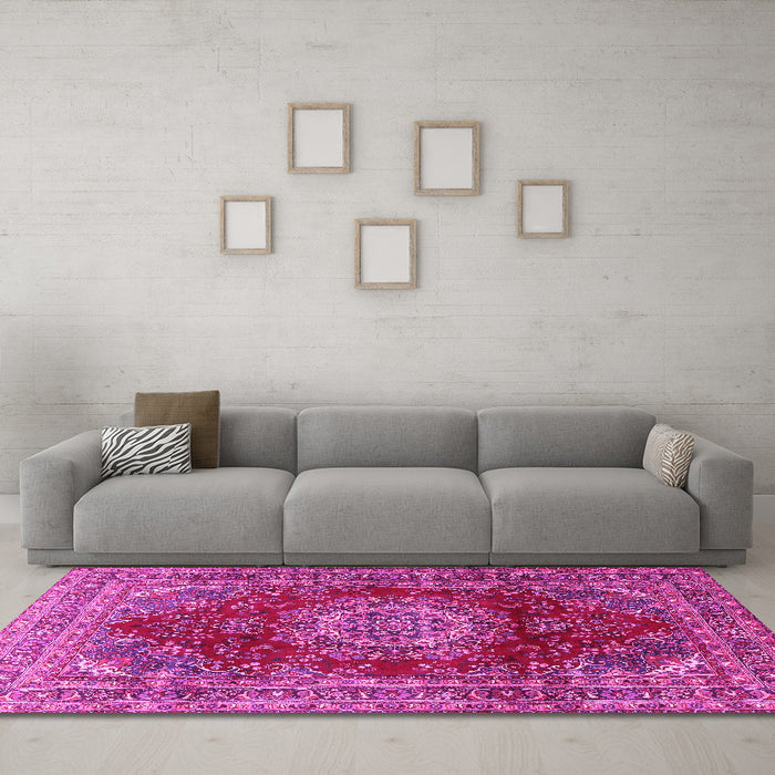 Machine Washable Medallion Pink Traditional Rug in a Living Room, wshtr2784pnk
