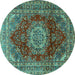 Round Machine Washable Medallion Turquoise Traditional Area Rugs, wshtr2784turq