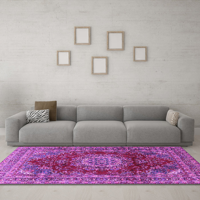 Machine Washable Medallion Purple Traditional Area Rugs in a Living Room, wshtr2784pur