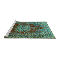 Sideview of Machine Washable Medallion Turquoise Traditional Area Rugs, wshtr2784turq