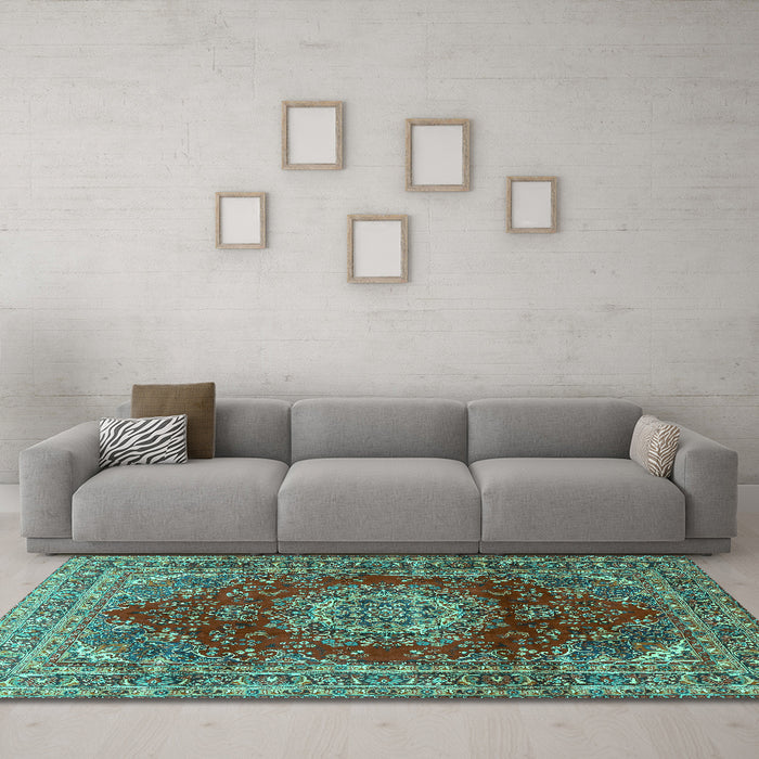 Machine Washable Medallion Turquoise Traditional Area Rugs in a Living Room,, wshtr2784turq