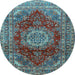 Round Machine Washable Medallion Light Blue Traditional Rug, wshtr2784lblu