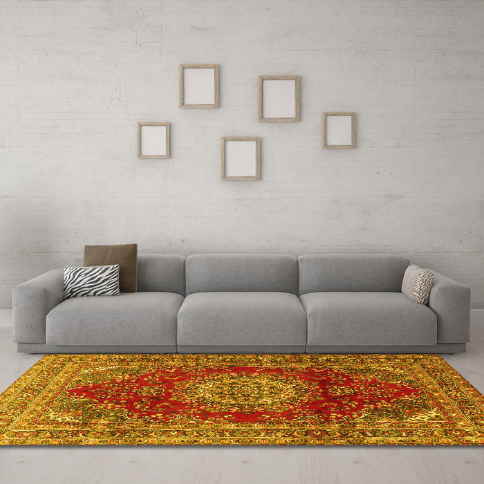 Machine Washable Medallion Yellow Traditional Rug in a Living Room, wshtr2784yw