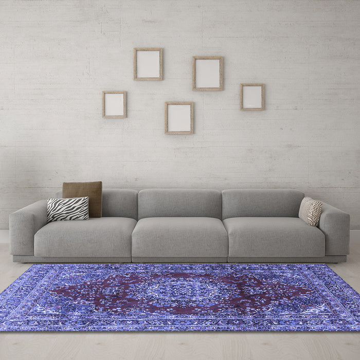 Machine Washable Medallion Blue Traditional Rug in a Living Room, wshtr2784blu