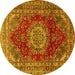 Round Machine Washable Medallion Yellow Traditional Rug, wshtr2784yw