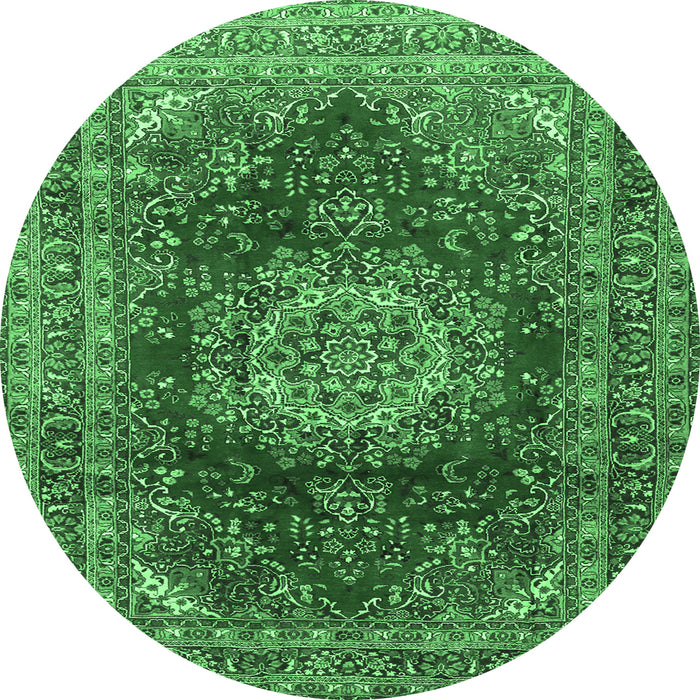 Round Machine Washable Medallion Emerald Green Traditional Area Rugs, wshtr2784emgrn