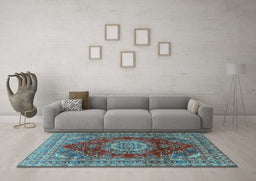 Machine Washable Medallion Light Blue Traditional Rug in a Living Room, wshtr2784lblu