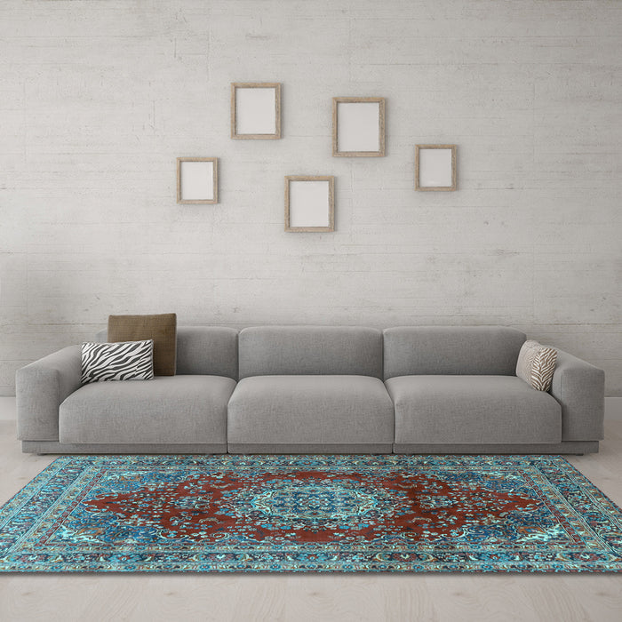 Machine Washable Medallion Light Blue Traditional Rug in a Living Room, wshtr2784lblu