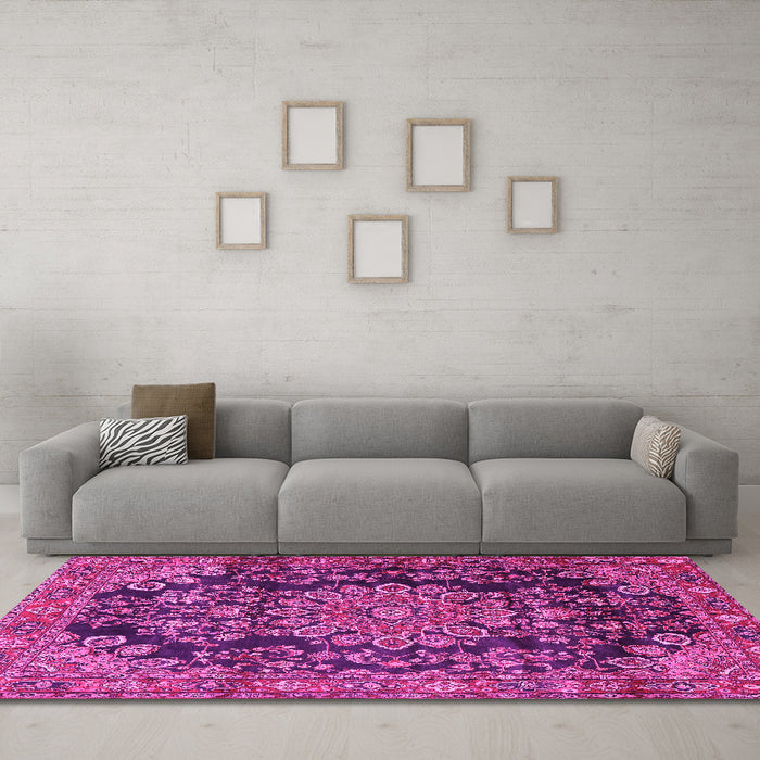Machine Washable Medallion Pink Traditional Rug in a Living Room, wshtr2785pnk