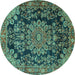 Round Machine Washable Medallion Turquoise Traditional Area Rugs, wshtr2785turq